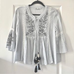 Zara Blue/ White Striped Top with Floral Embroidery